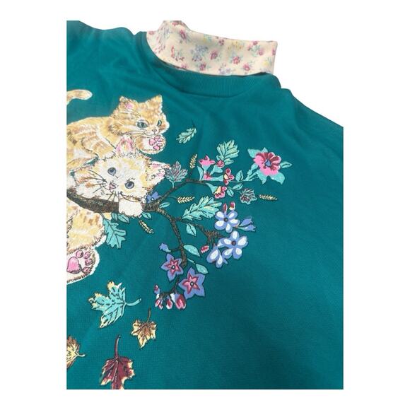 Vintage Basic Editions Teal Large Playful Kittens Floral Sweatshirt Turtleneck - Picture 5 of 12